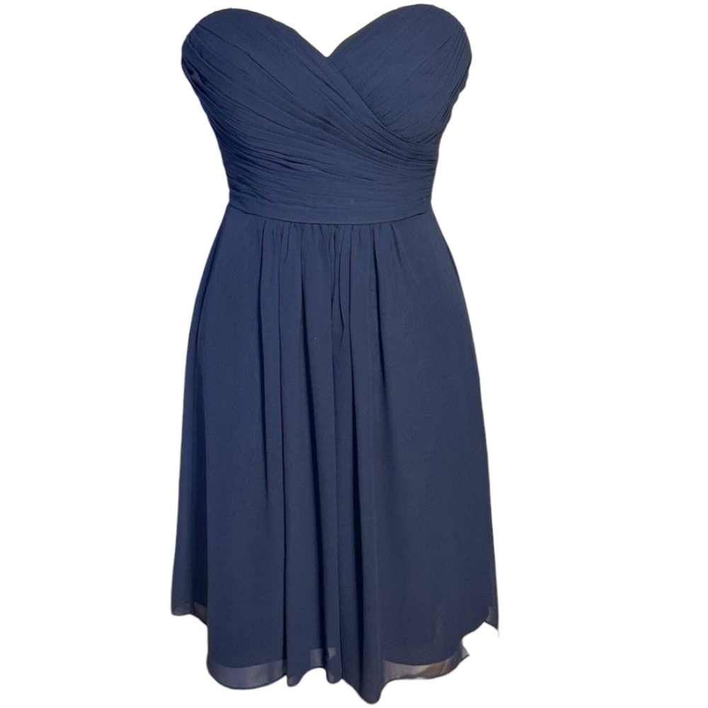 Bill Levkoff Strapless Chiffon Formal Mini Dress Navy Prom Ruched Bodice Size 6